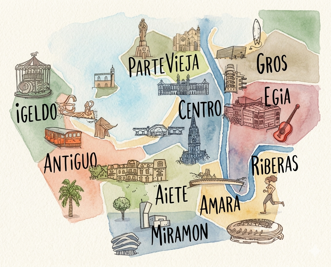 Mapa ilustrado de barrios de San Sebastián